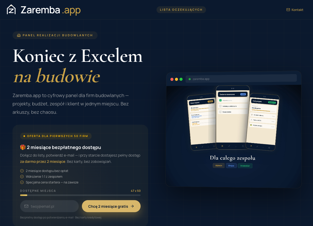 zaremba.app — Panel realizacji budowlanych